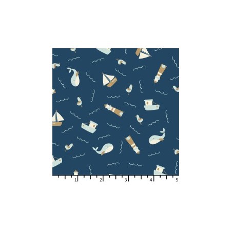 Tissu Au bord de mer fond bleu prusse de chez EQP Textiles